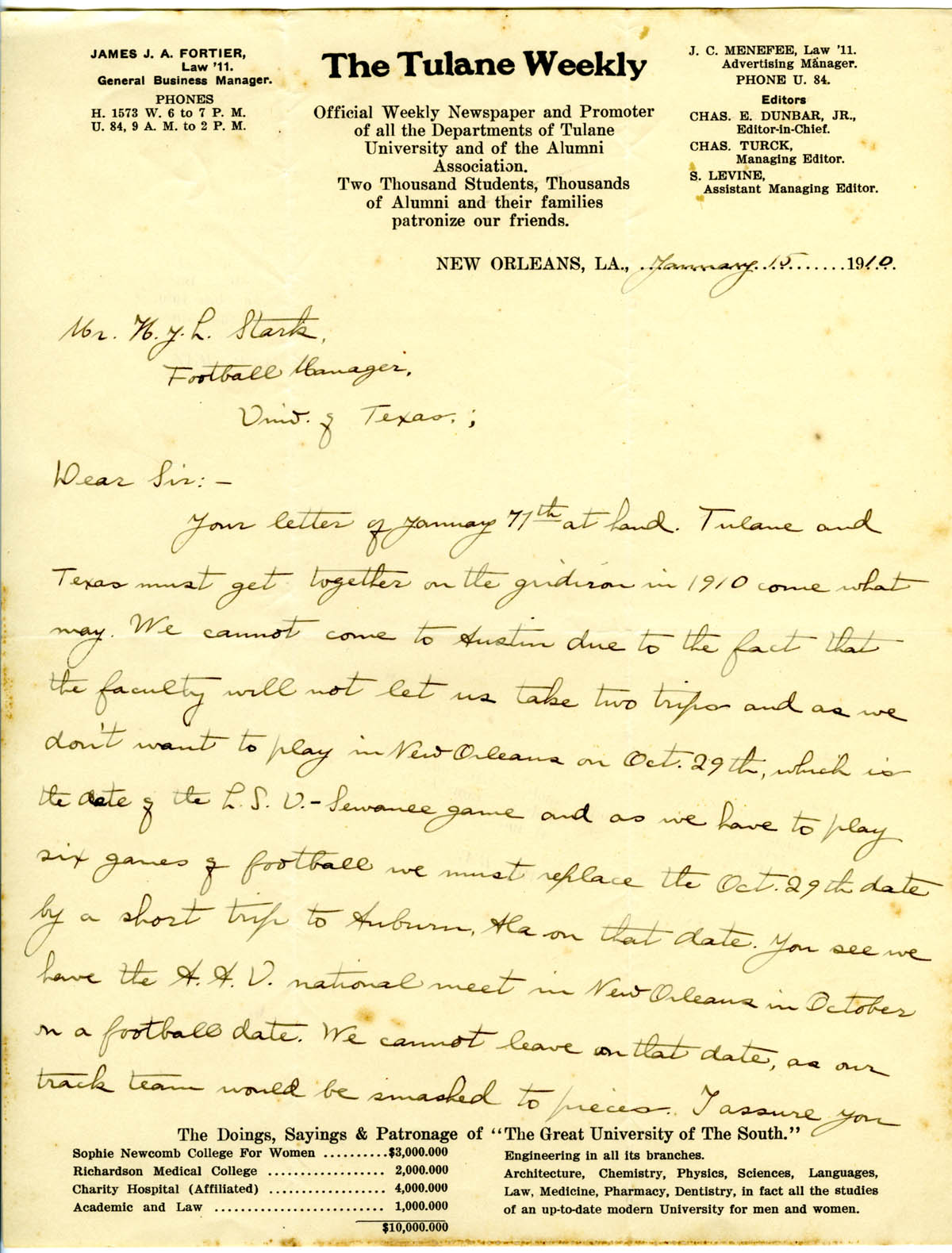 Letter From Tulane University Football Manager To H J L Stark Dated January 15 1910 Stark Center Digital Library